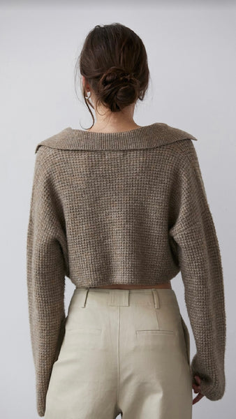 Cecilia Waffle Polo Knit Top- Taupe