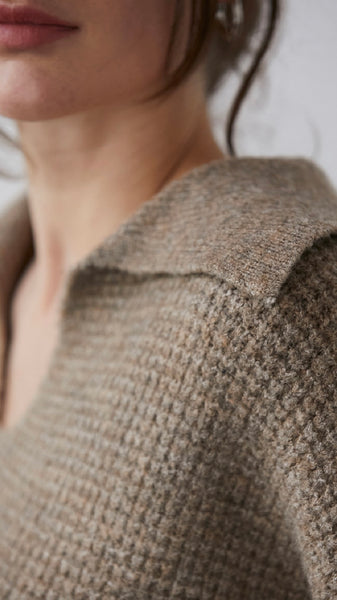 Cecilia Waffle Polo Knit Top- Taupe