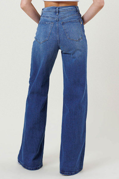 High Rise Button Up Wide Leg Jeans- Medium Stone