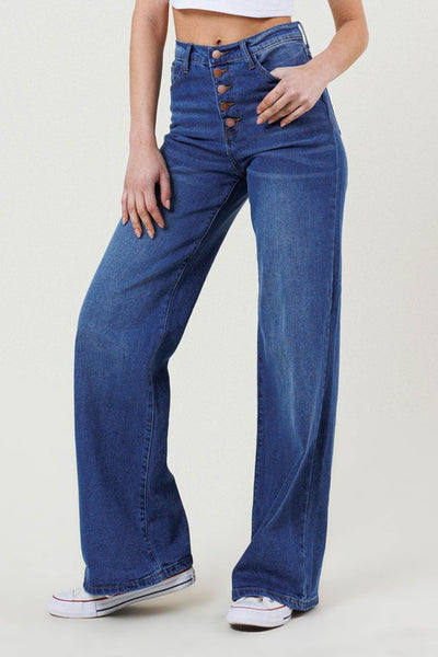 High Rise Button Up Wide Leg Jeans- Medium Stone