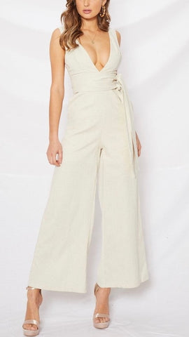 Sleeveless Plunge Neck Jumpsuit- Beige