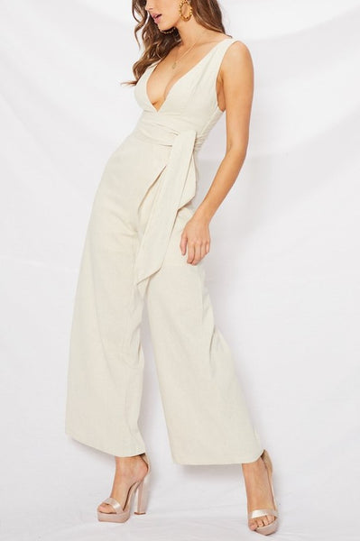 Sleeveless Plunge Neck Jumpsuit- Beige