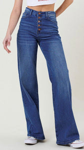 High Rise Button Up Wide Leg Jeans- Medium Stone