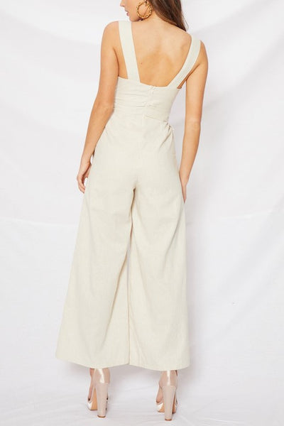 Sleeveless Plunge Neck Jumpsuit- Beige